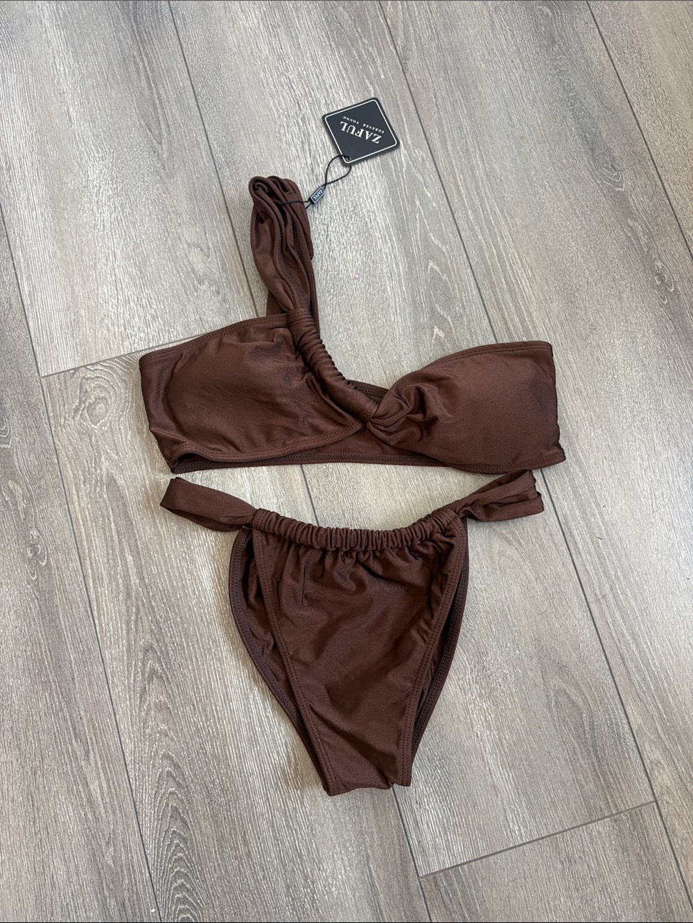 Zaful Chocolate Brown One-Shoulder Bikini Set